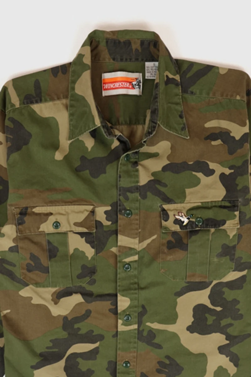 Vintage Embroidered Duck Camo Button-Down Shirt