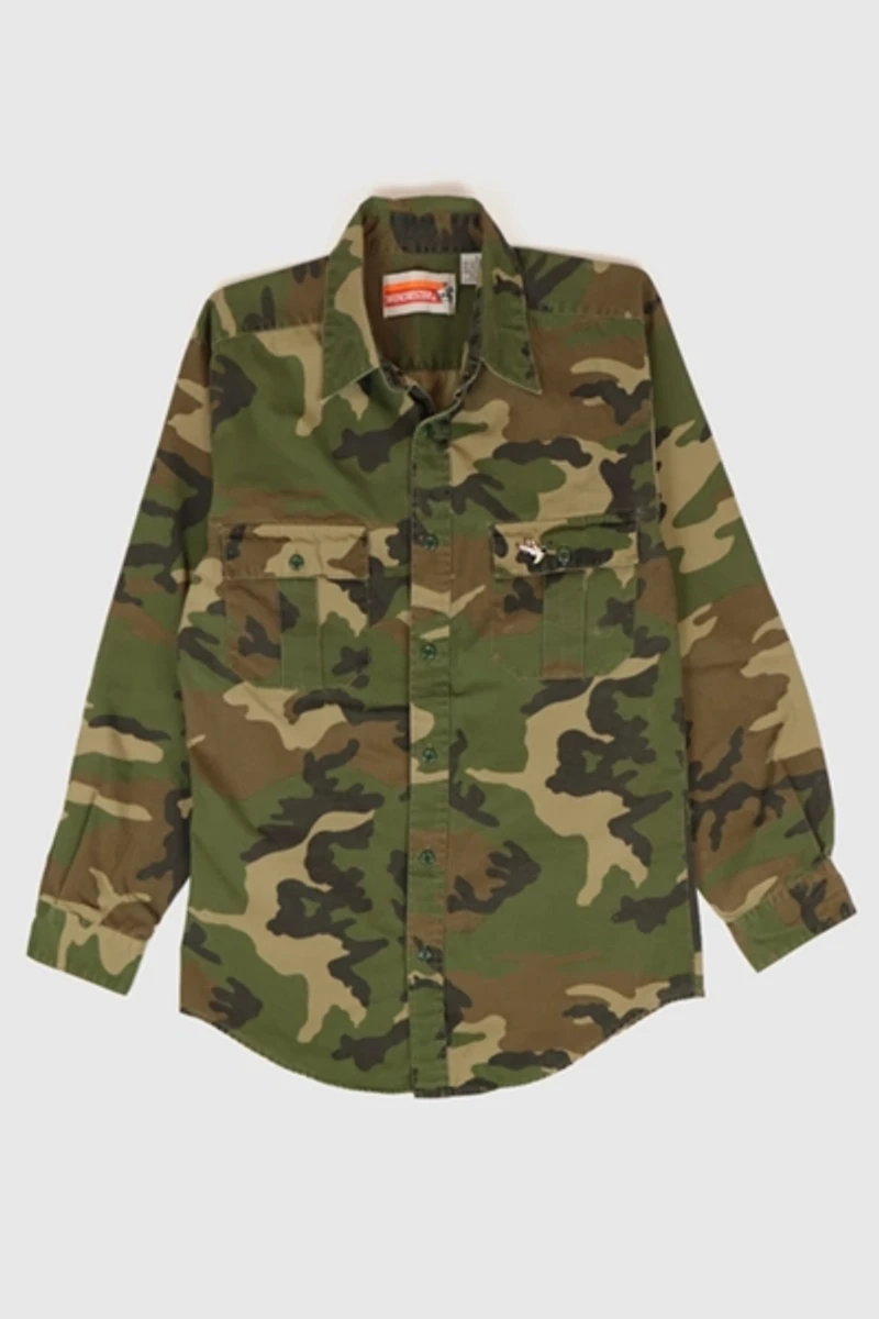 Vintage Embroidered Duck Camo Button-Down Shirt