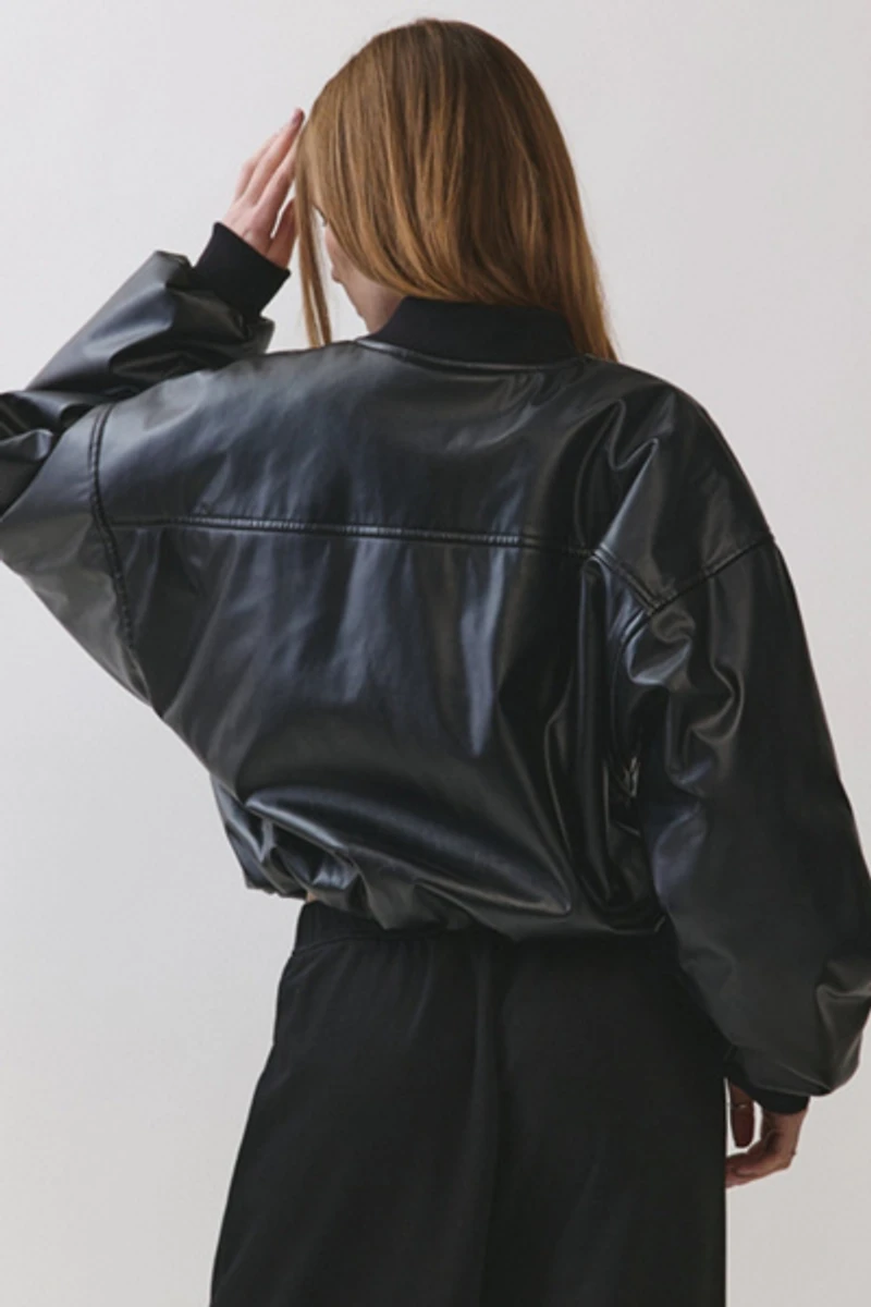 Personal Code Noir Crop Leather Bomber Jacket