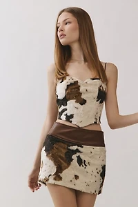Personal Code Cow Print Faux Fur Mini Skirt With Pu Contrast