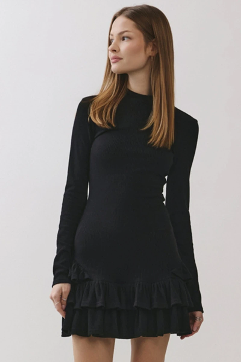 Personal Code Daniella Ribbed Mock Neck Ruffle Mini Dress