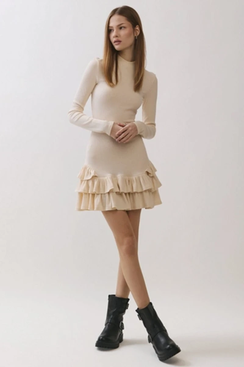 Personal Code Daniella Ribbed Mock Neck Ruffle Mini Dress