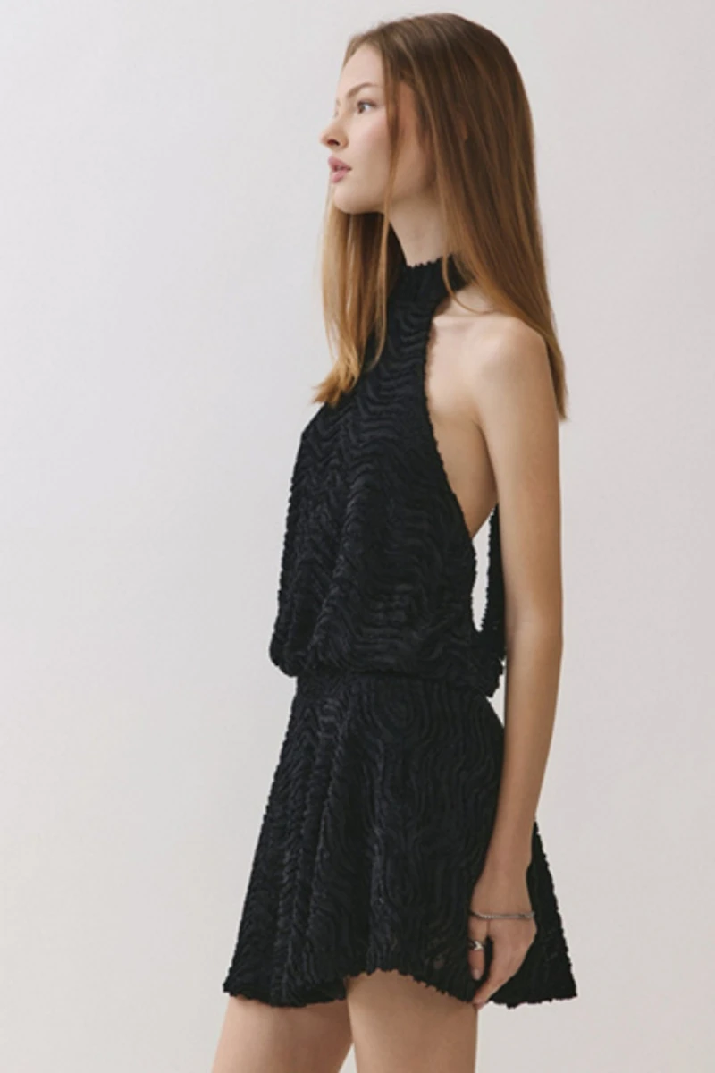 Personal Code Striped Marlette Texture Halter Tie Blouson Dress