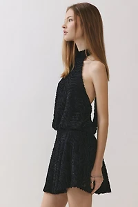 Personal Code Striped Marlette Texture Halter Tie Blouson Dress