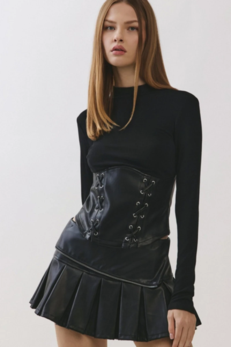 Personal Code Noelle Lace Up Pu Contrast Long Sleeve Top