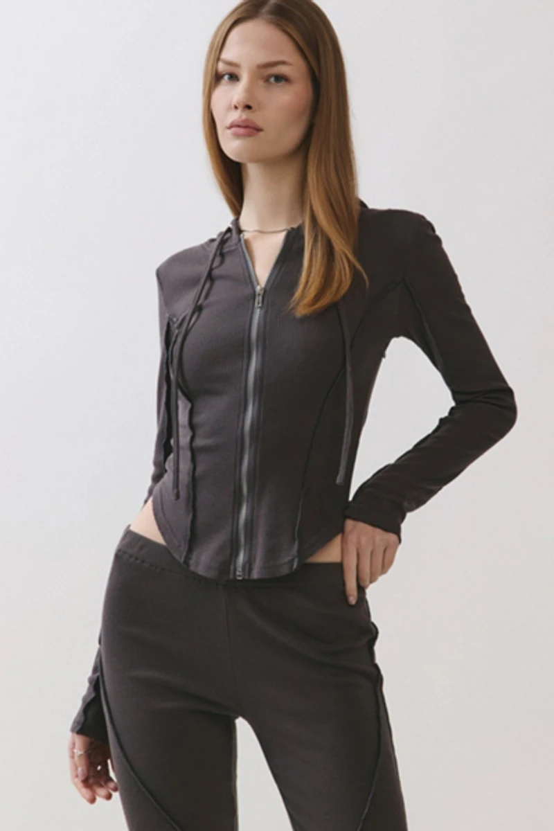 Personal Code Kira Ribbed Zip-Up Hooded Top