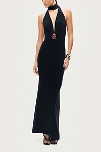 Nocturne Halter Draped Maxi Dress