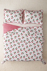 Cherry & Striped Patterned Scalloped Reversible Quilt Set