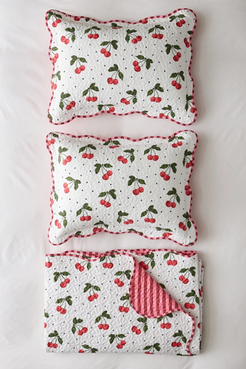 Cherry & Striped Patterned Scalloped Reversible Quilt Set