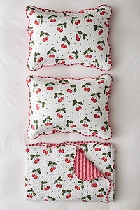 Cherry & Striped Patterned Scalloped Reversible Quilt Set