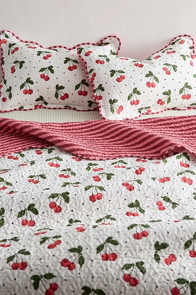 Cherry & Striped Patterned Scalloped Reversible Quilt Set