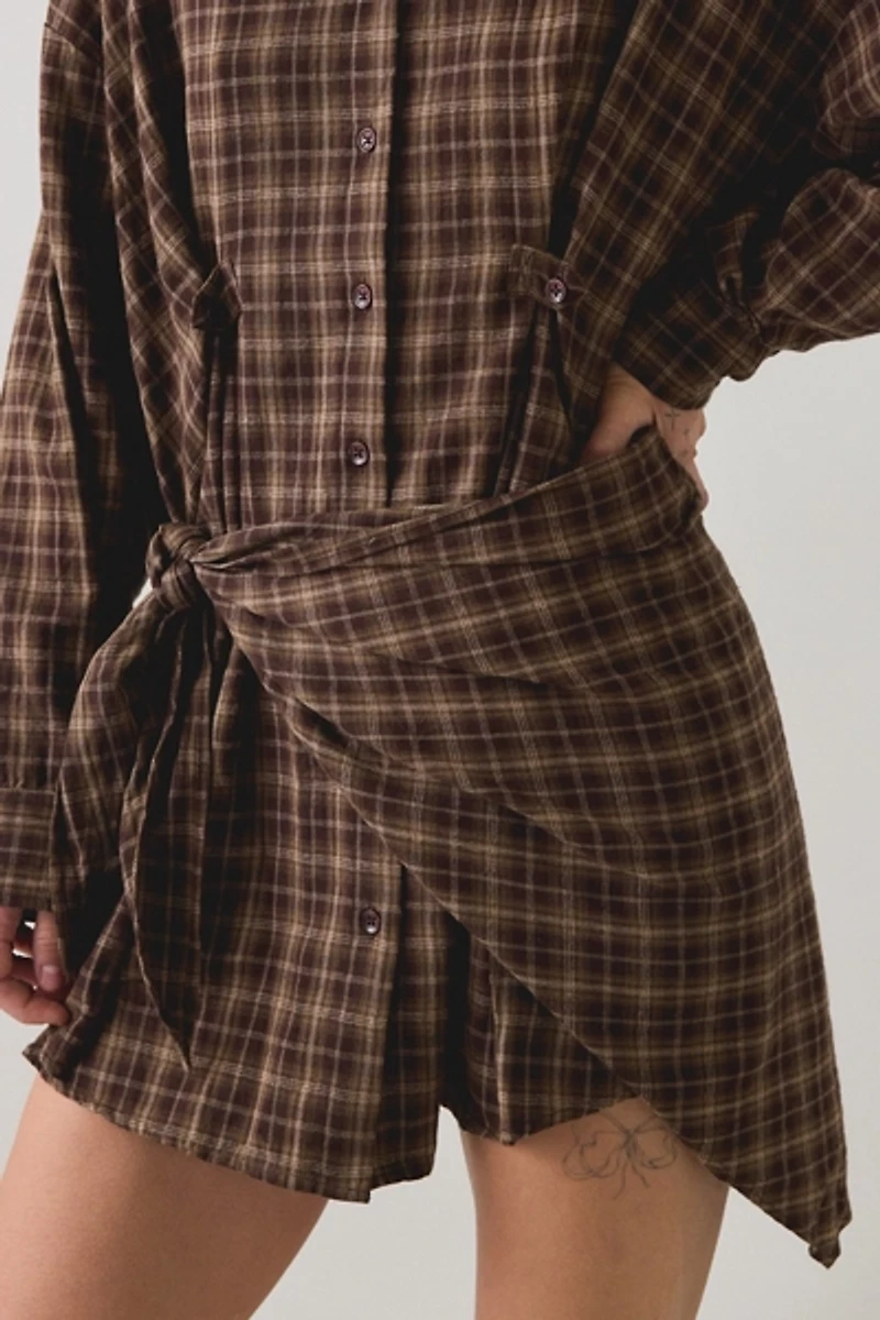 BDG Cordelia Multiway Scarf Tie Plaid Shirt Mini Dress