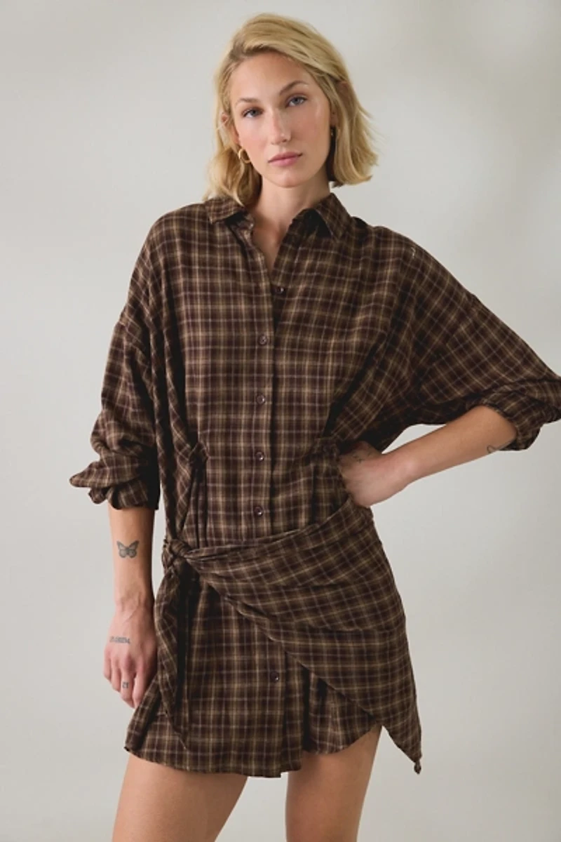 BDG Cordelia Multiway Scarf Tie Plaid Shirt Mini Dress