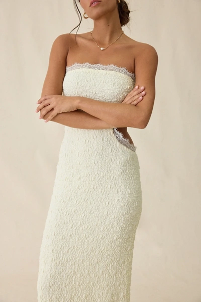 UO Sea Nymph Asymmetric Cutout Strapless Lace Maxi Dress