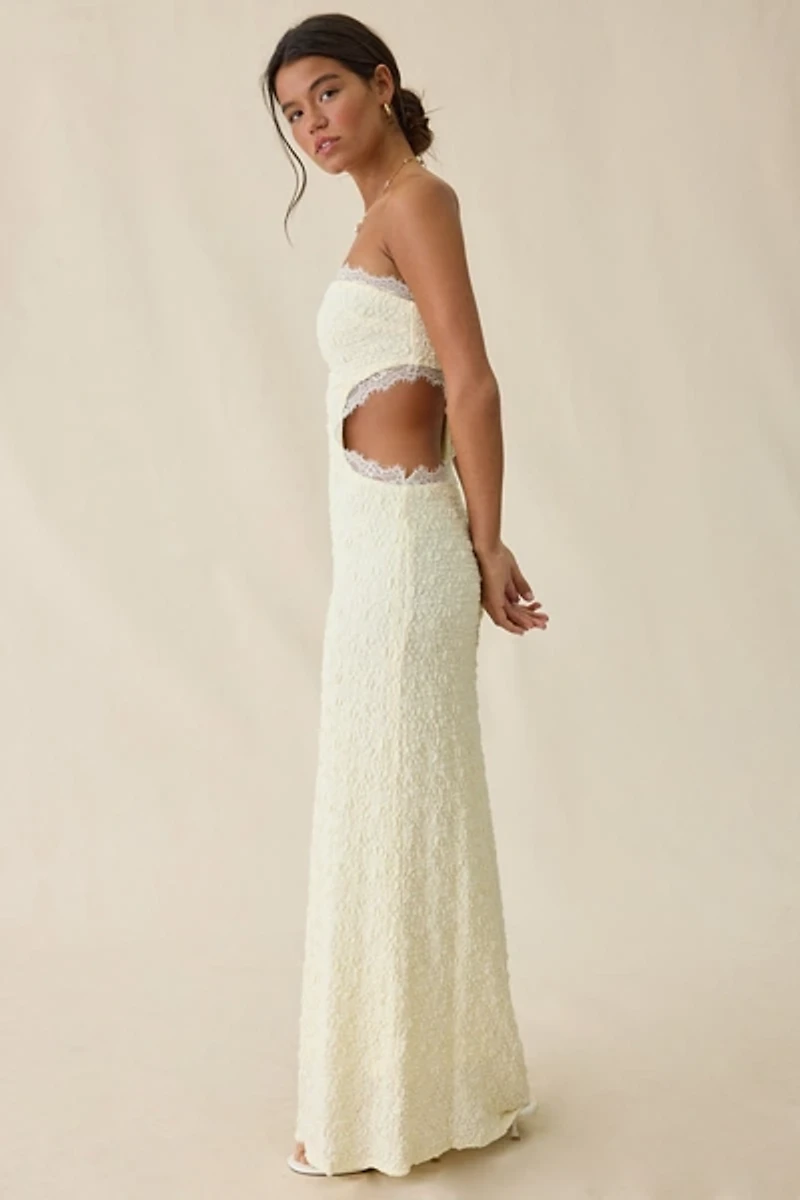 UO Sea Nymph Asymmetric Cutout Strapless Lace Maxi Dress