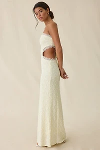 UO Sea Nymph Asymmetric Cutout Strapless Lace Maxi Dress