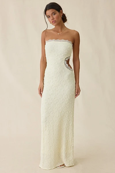 UO Sea Nymph Asymmetric Cutout Strapless Lace Maxi Dress