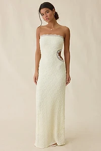 UO Sea Nymph Asymmetric Cutout Strapless Lace Maxi Dress
