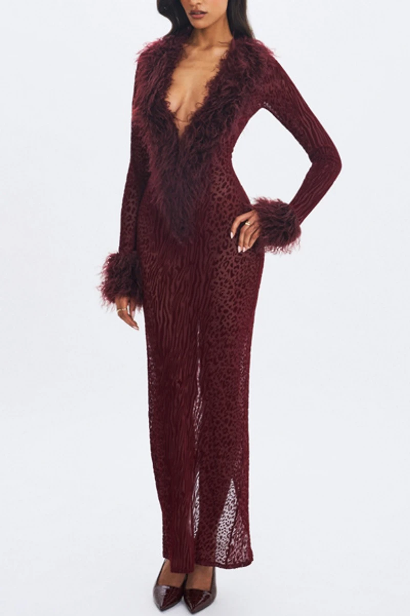 Miss Circle Luana Plunging Fur Trimmed Crochet Maxi Dress