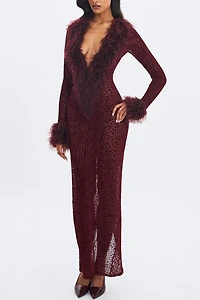 Miss Circle Luana Plunging Fur Trimmed Crochet Maxi Dress