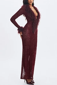 Miss Circle Luana Plunging Fur Trimmed Crochet Maxi Dress