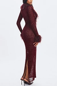 Miss Circle Luana Plunging Fur Trimmed Crochet Maxi Dress