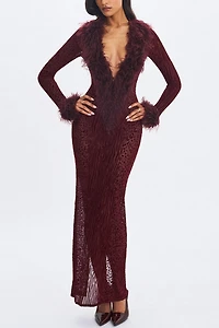 Miss Circle Luana Plunging Fur Trimmed Crochet Maxi Dress