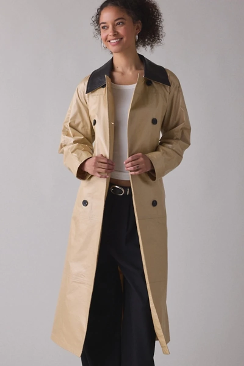 Avec Les Filles Contrast Trim Faux Leather Trench Coat