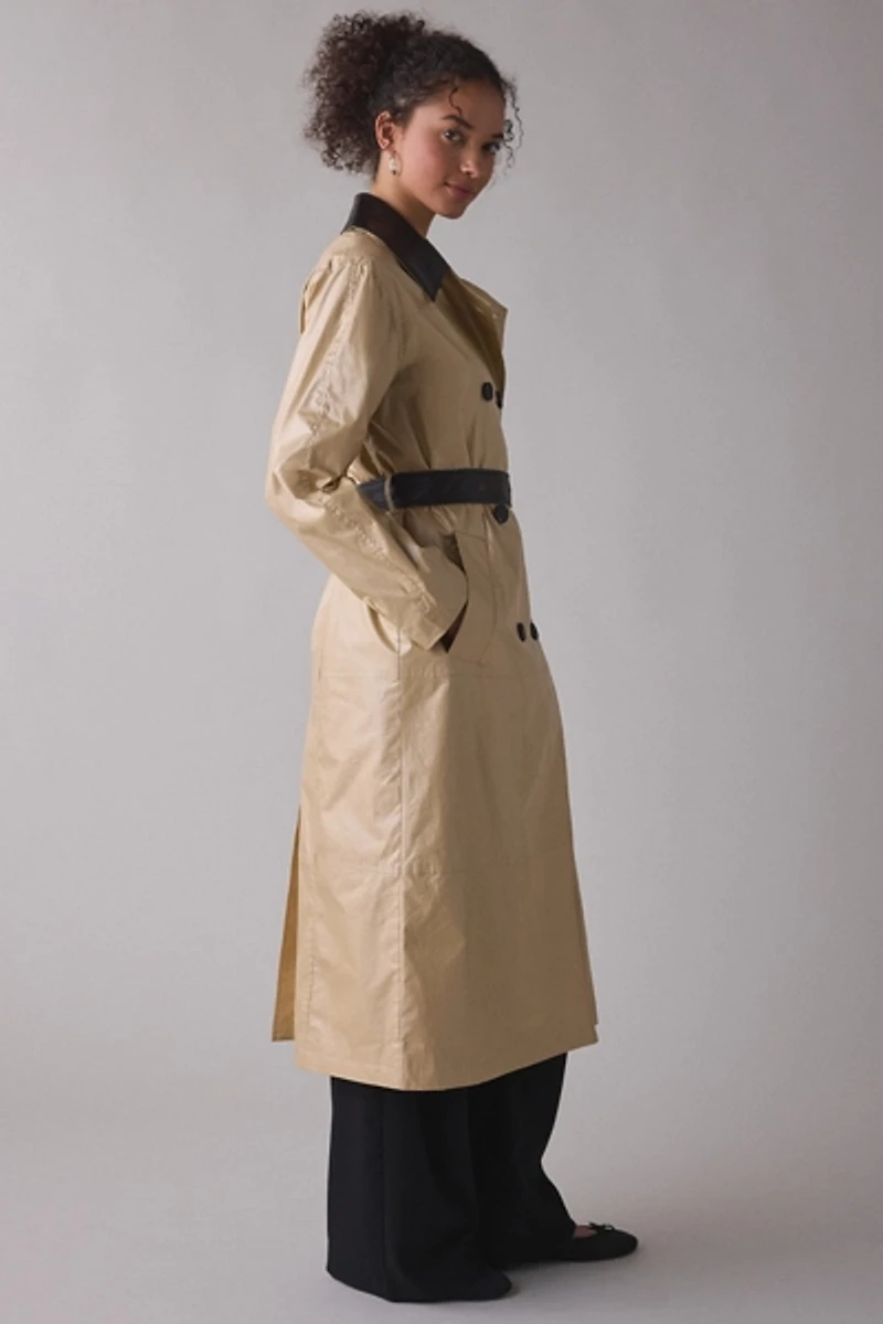 Avec Les Filles Contrast Trim Faux Leather Trench Coat