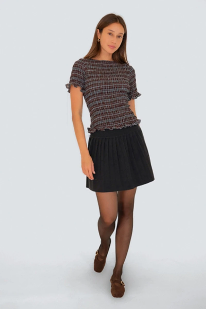 Amy Lynn Kitty Check Chiffon Smocked Frill Sleeve Top