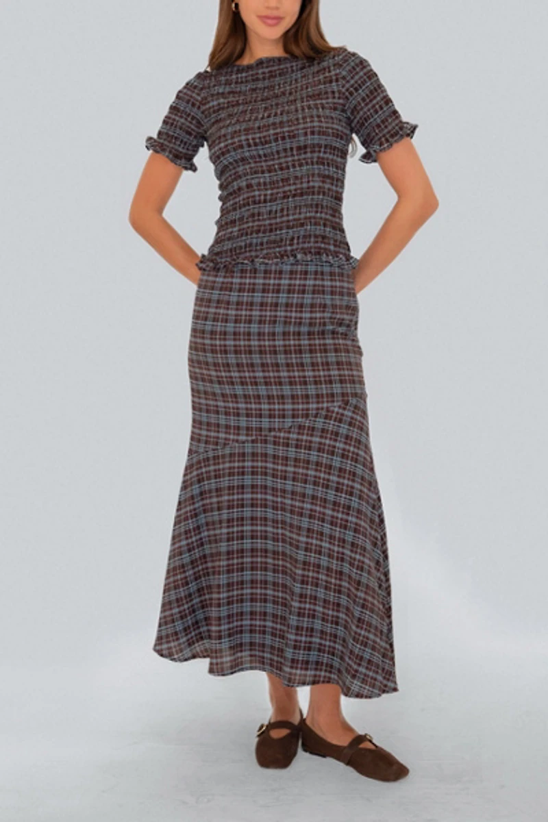 Amy Lynn Kitty Check Chiffon Smocked Frill Sleeve Top