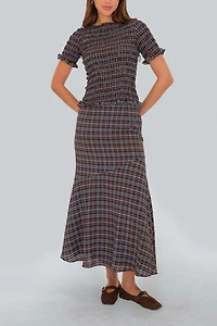 Amy Lynn Kitty Check Chiffon Smocked Frill Sleeve Top