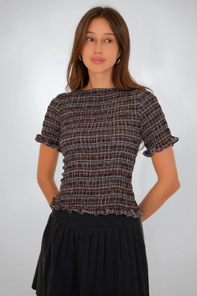 Amy Lynn Kitty Check Chiffon Smocked Frill Sleeve Top