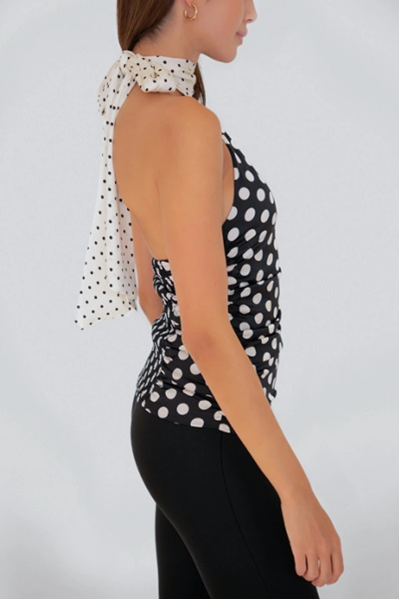 Amy Lynn Sophie Contrast Mono Polka Dot Scarf Neck Top