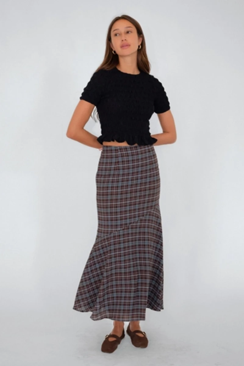Amy Lynn Alma Heritage Check Chiffon Asymmetric Maxi Skirt
