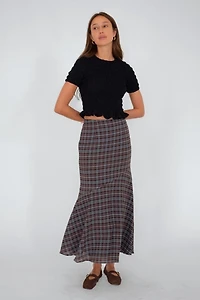 Amy Lynn Alma Heritage Check Chiffon Asymmetric Maxi Skirt