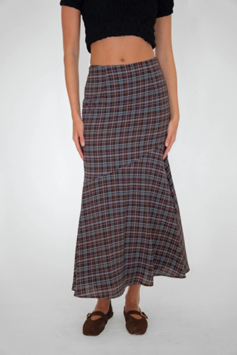 Amy Lynn Alma Heritage Check Chiffon Asymmetric Maxi Skirt
