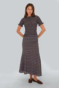 Amy Lynn Alma Heritage Check Chiffon Asymmetric Maxi Skirt