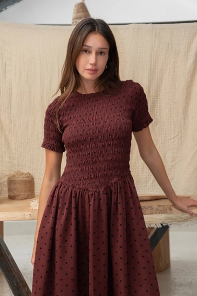 Amy Lynn Beatrix Smocked Plum Polka Dot Midi Dress