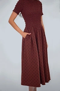 Amy Lynn Beatrix Smocked Plum Polka Dot Midi Dress