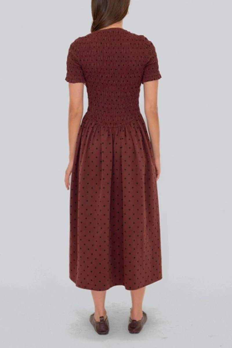 Amy Lynn Beatrix Smocked Plum Polka Dot Midi Dress