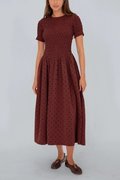 Amy Lynn Beatrix Smocked Plum Polka Dot Midi Dress