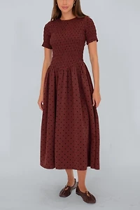 Amy Lynn Beatrix Smocked Plum Polka Dot Midi Dress