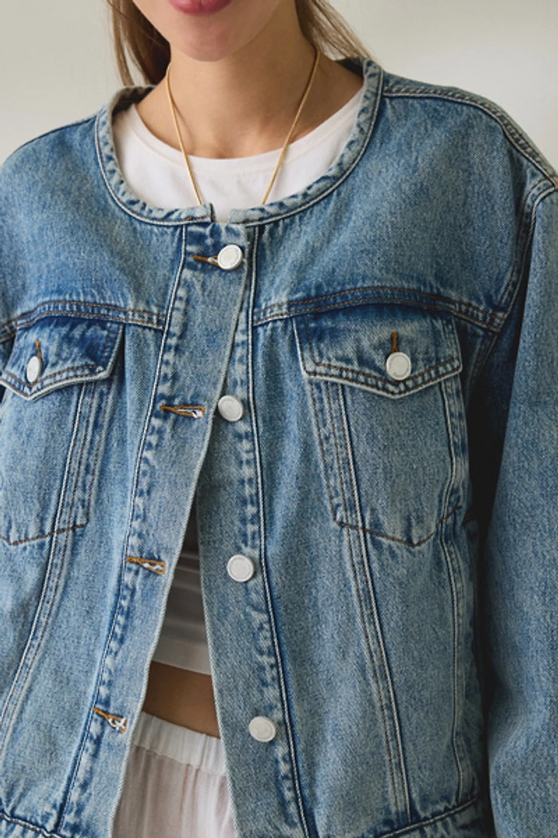 BLANKNYC Heads Up Collarless Oversized Denim Jacket