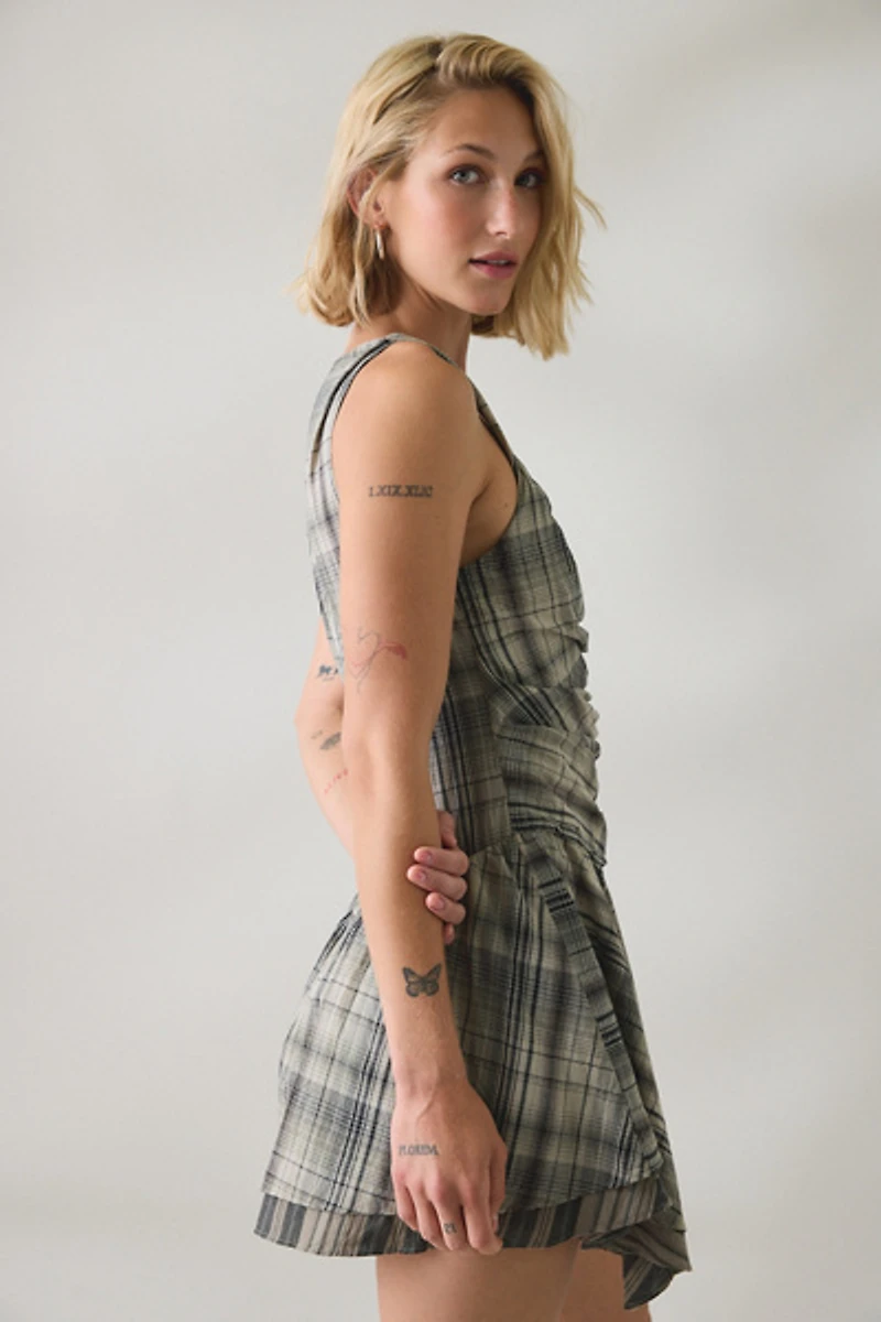 UO Adina Check Drop Waist Hanky Hem Mini Dress