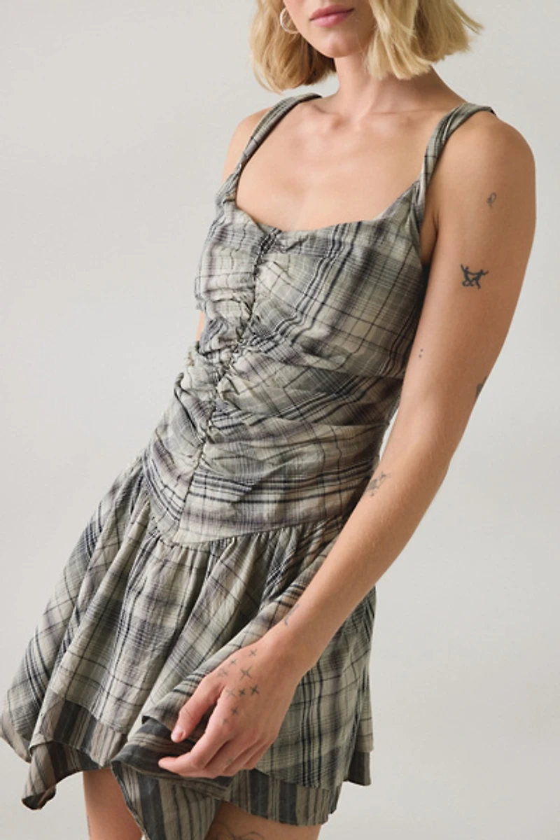 UO Adina Check Drop Waist Hanky Hem Mini Dress