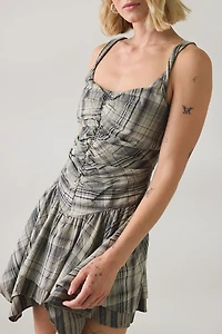 UO Adina Check Drop Waist Hanky Hem Mini Dress