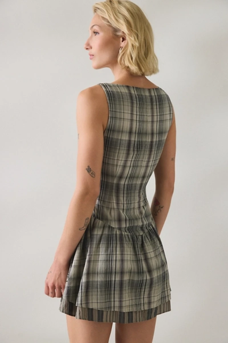 UO Adina Check Drop Waist Hanky Hem Mini Dress