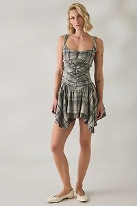 UO Adina Check Drop Waist Hanky Hem Mini Dress
