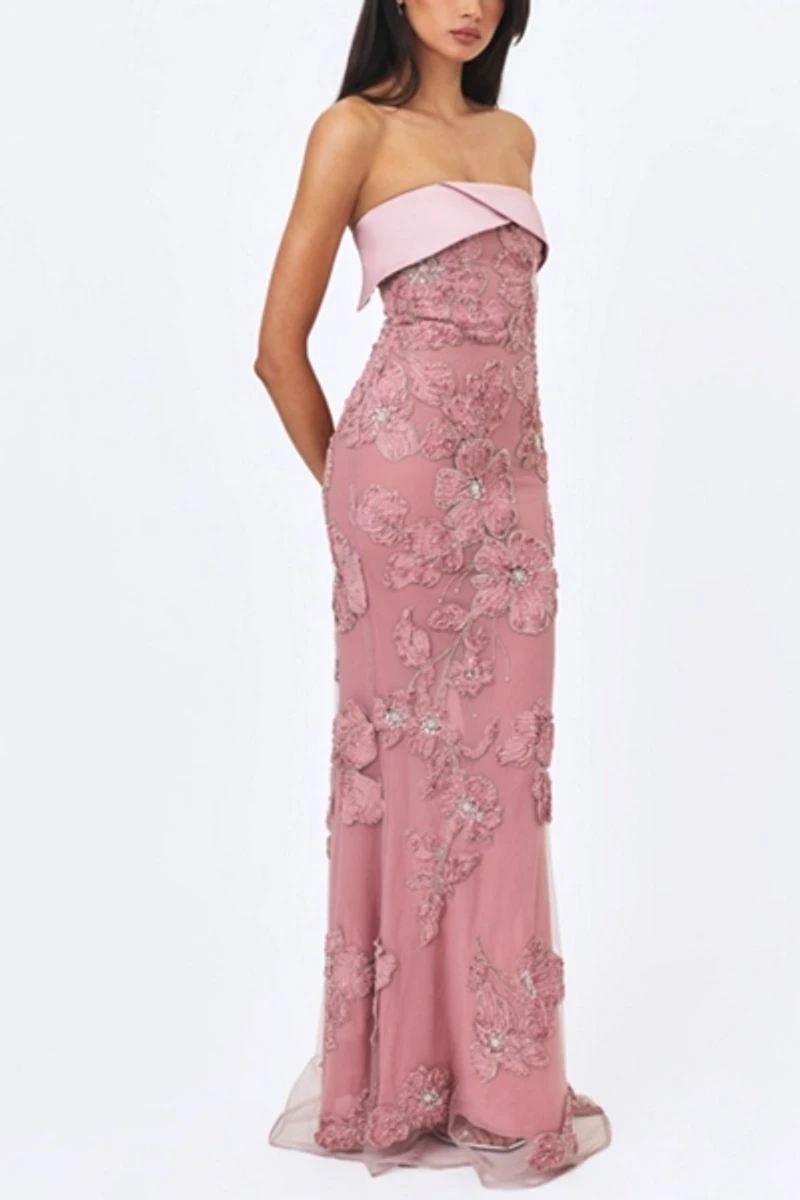 Miss Circle Raphaela Beaded Floral Strapless Mermaid Maxi Dress
